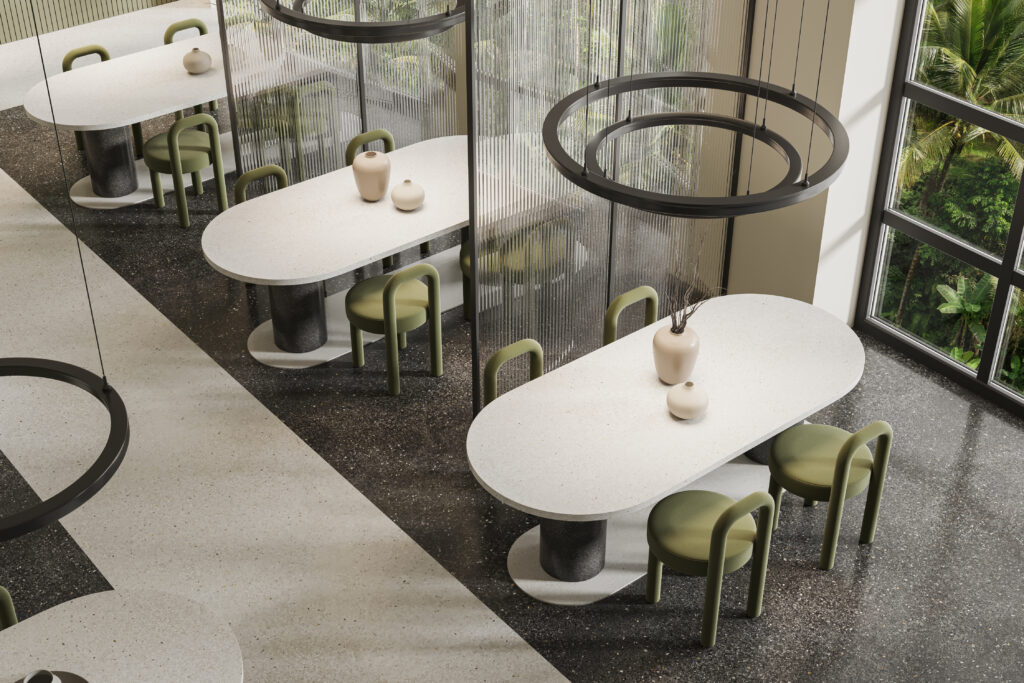 Szklana zabudowa w restauracji, nowoczesny design i subtelny podział przestrzeni